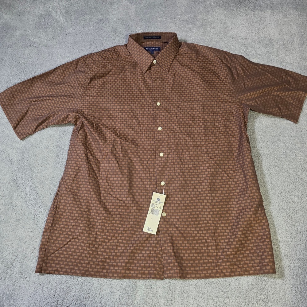 Austin Reed Mens L Button Down Shirt Brown Harbour Island Two-Ply Cotton Geometr